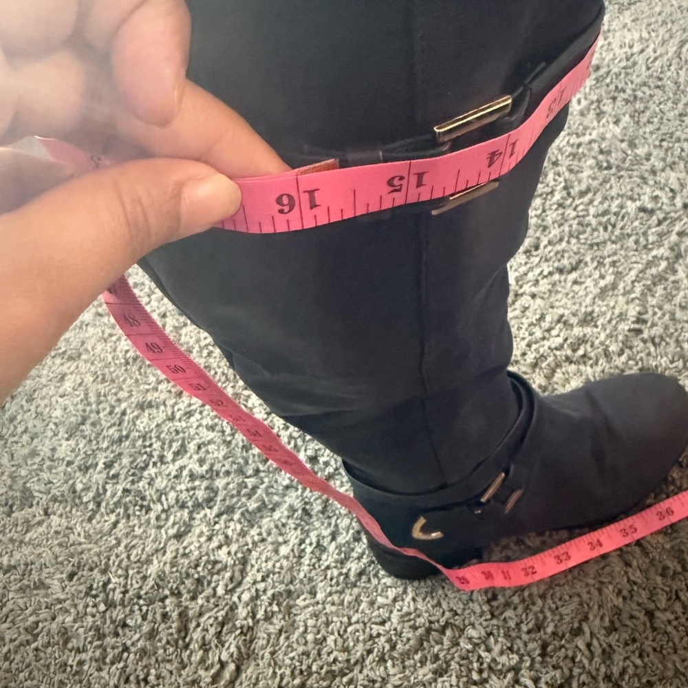 JustFab Hollie Navy Blue Knee-High Flat Boots Faux Suede Gold Buckle Women’s - Picture 8 of 10